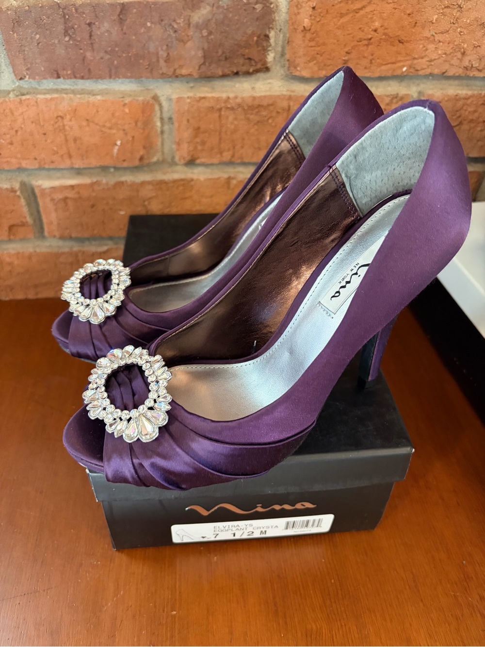 Nina Purple Satin Peep-Toe Heels with Crystal Accent